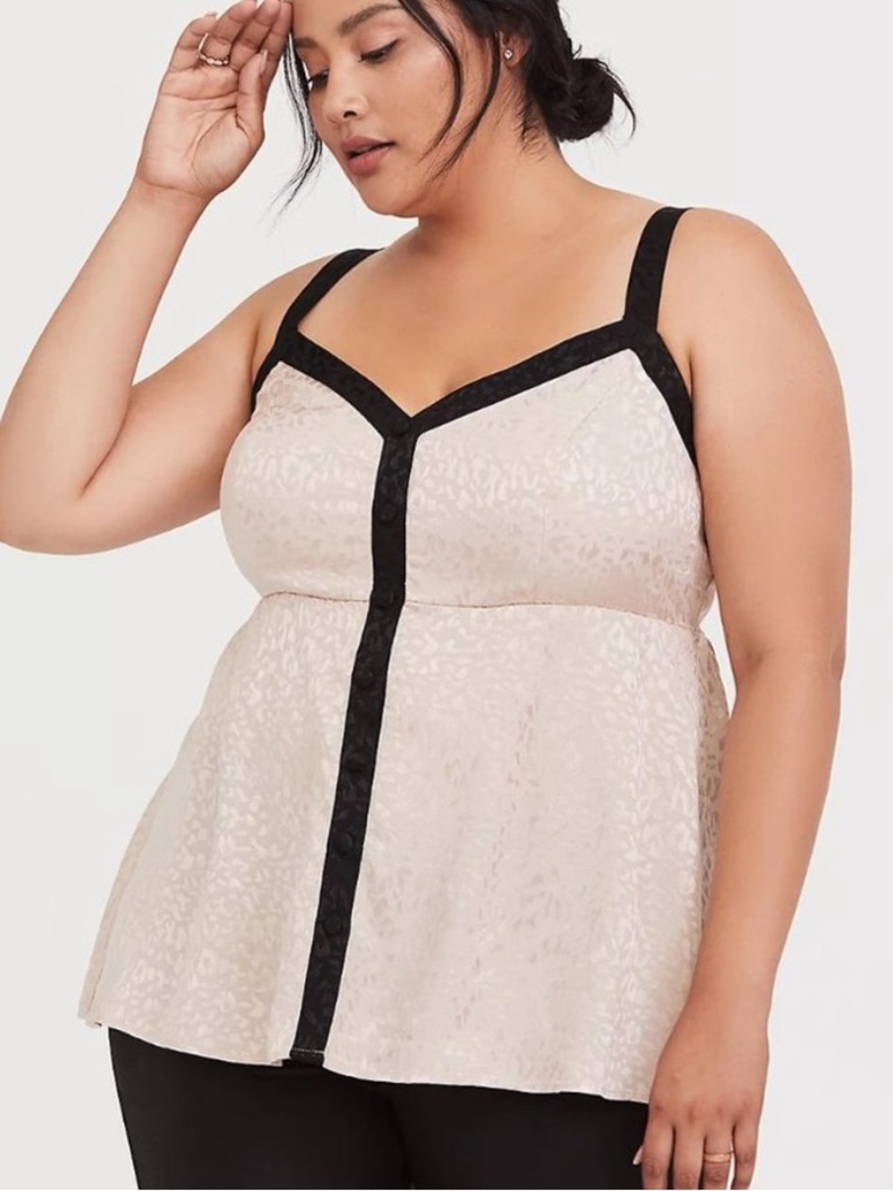 Torrid Leopard Jacquard Button Up Babydoll Cami Top 4X Tan Black Trim V-neck